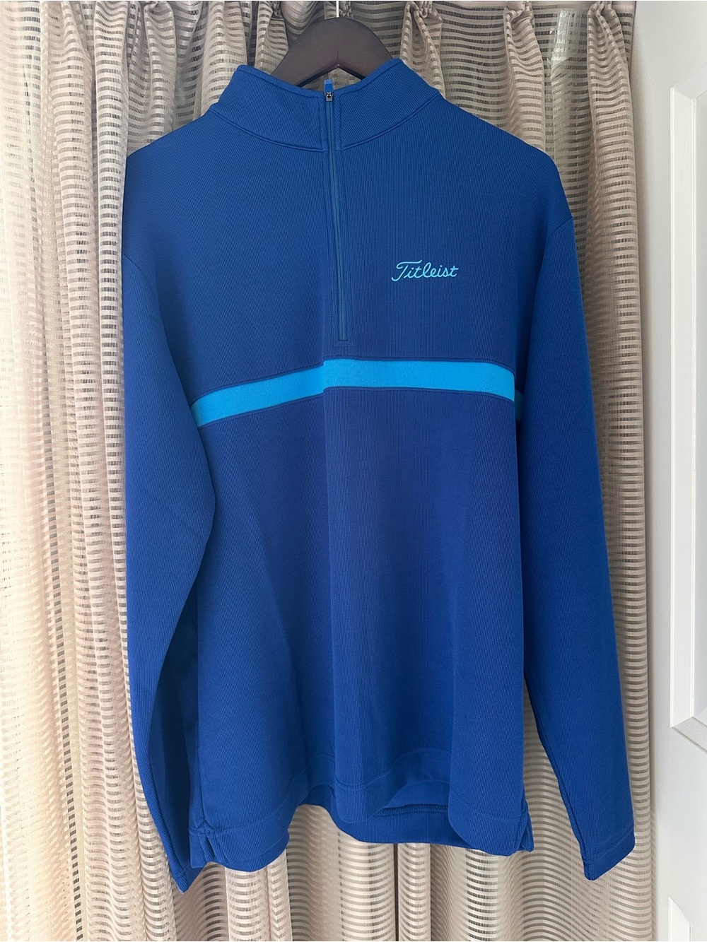 NWT FootJoy Inset Stripe Mid Layer golf Blue Rib Performance pullover Sz L - Picture 3 of 9